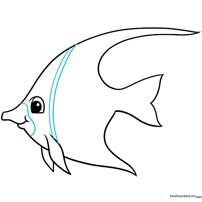 Sketch showing the first set of vertical stripes added to the body of the angelfish.