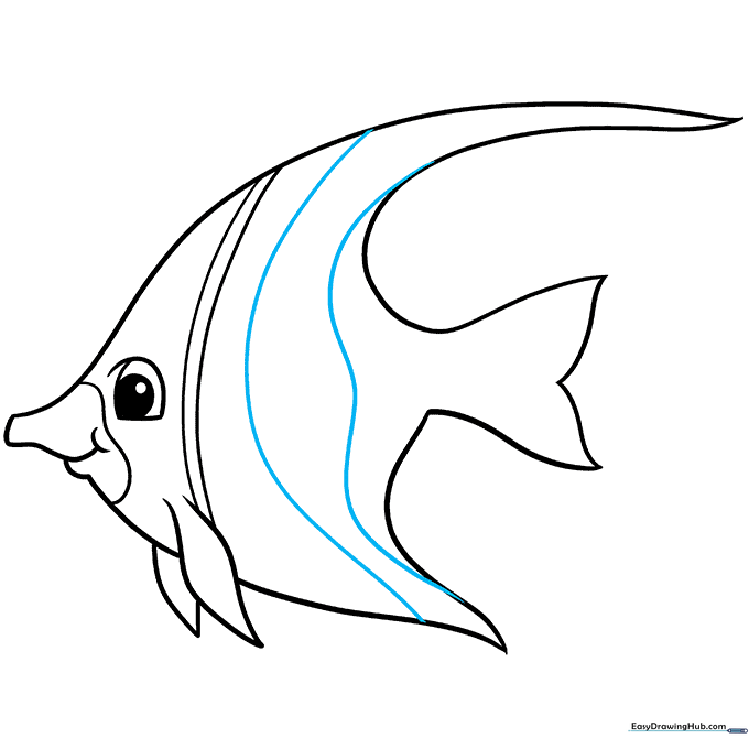 Sketch showing additional vertical stripes added across the entire body of the angelfish.