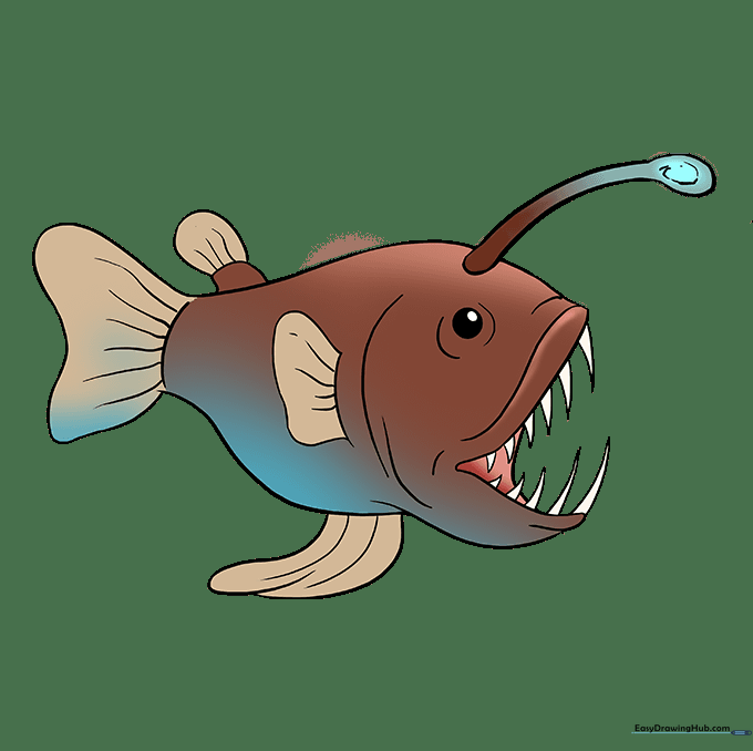 A fully colored and shaded angler fish drawing.