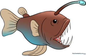 A vibrant, finished illustration of an angler fish, showcasing its lure and sharp teeth.