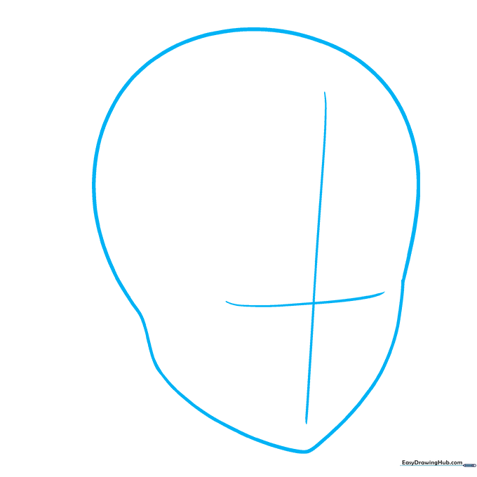 Pencil sketch of an anime face outline with a cross-shaped grid for alignment.