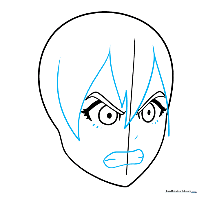 Adding the nose, mouth, and initial jagged hair strands to the anime face.