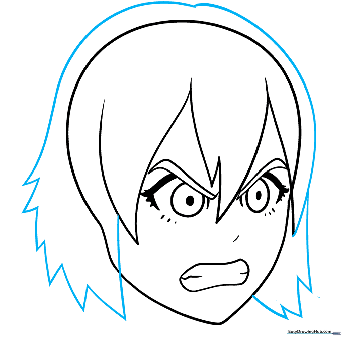 Drawing the full outline of the anime girl's hair around the face.