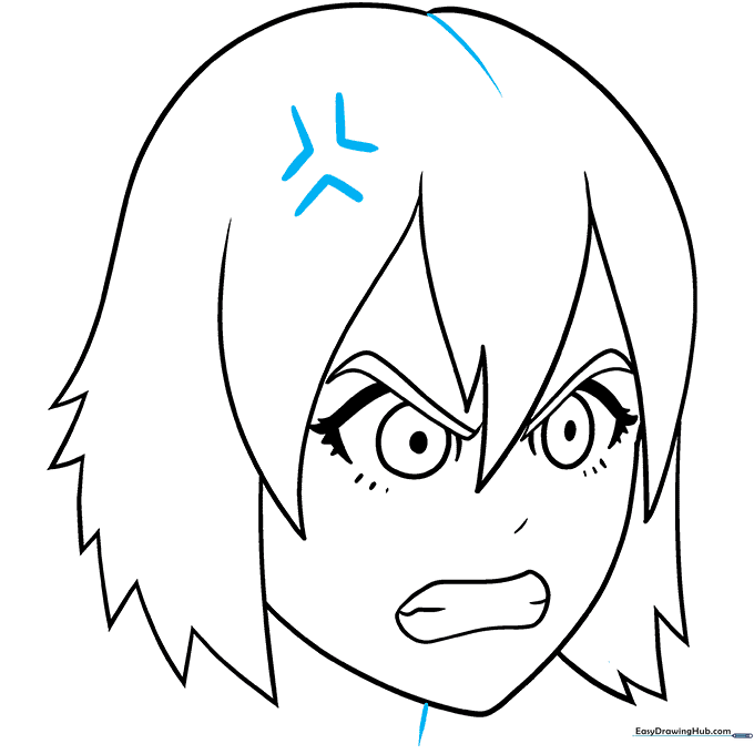 Adding the iconic anime 'anger vein' symbol to the side of the character's head.