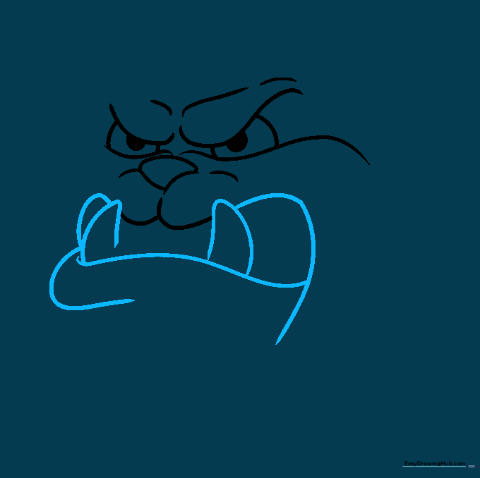 Sketching the open jaw and sharp teeth of the angry dog character.