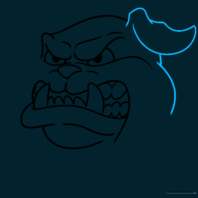 Sketching the floppy ear on the side of the angry dog's head.