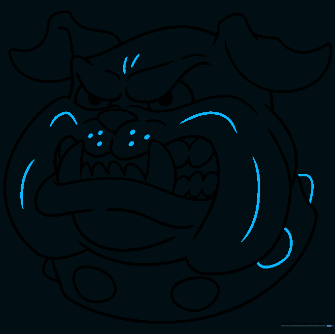 Adding final facial details and whisker spots to the angry dog drawing.