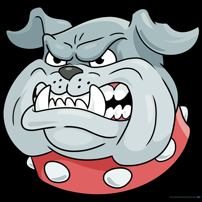 The final colored drawing of an angry bulldog with a red spiked collar.