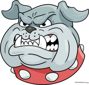 A finished, colored cartoon illustration of an angry bulldog wearing a spiked collar.