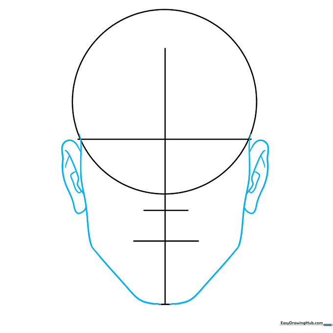 Drawing the jawline and ears on the anime face guide.