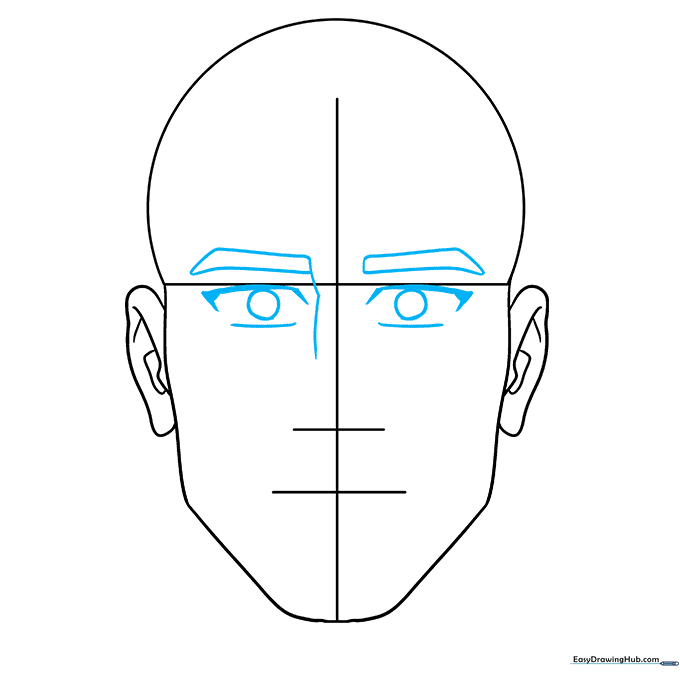 Adding rectangular anime eyes and eyebrows to the face structure.