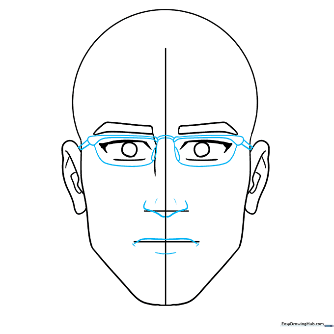 Sketching glasses, nose, and mouth onto the anime character face.