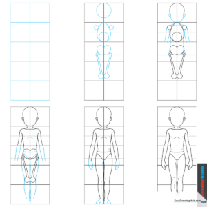 A professional anime boy body sketch, showcasing correct proportions and clean line work for aspiring manga artists.