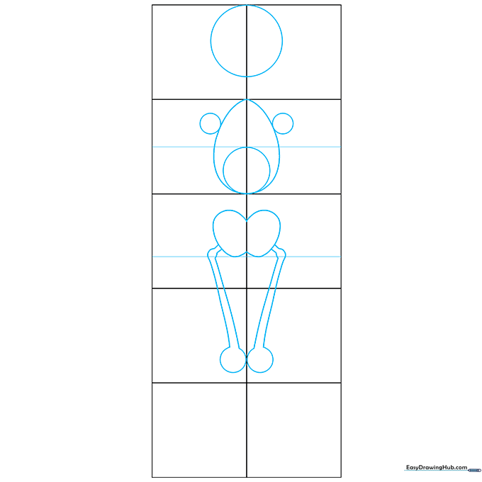 Basic geometric shapes including circles and ovals arranged on a grid to represent the head, torso, and limb joints of an anime character.
