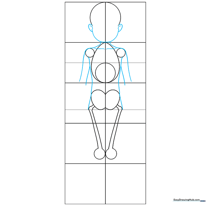 Refined outline of an anime boy's upper body, showing the transition from geometric shapes to a natural neck and shoulder silhouette.