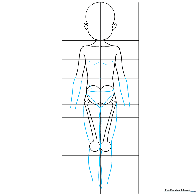 Detailed sketch of an anime boy's torso and limbs, emphasizing muscle definition in the chest and legs.