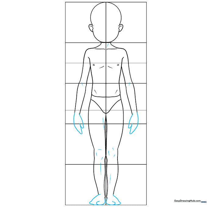 Completed line art of an anime boy body with all construction lines removed, highlighting clean contours of the hands and legs.