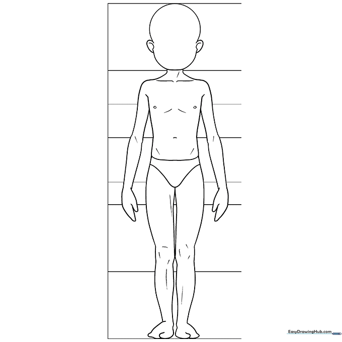 The final, clean line art of an anime boy body standing in a neutral pose, ready for coloring or adding character details.