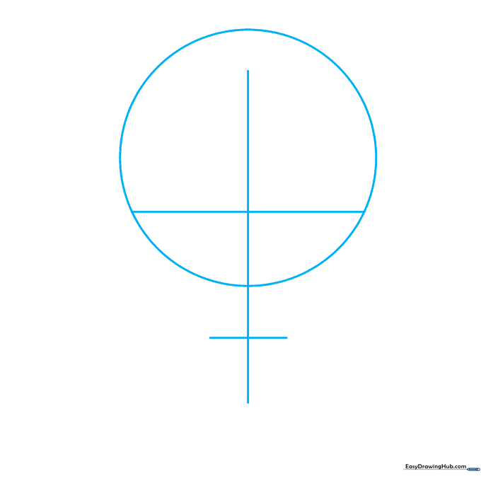 Pencil sketch showing a circular head guide with vertical and horizontal crosshairs for facial proportions.