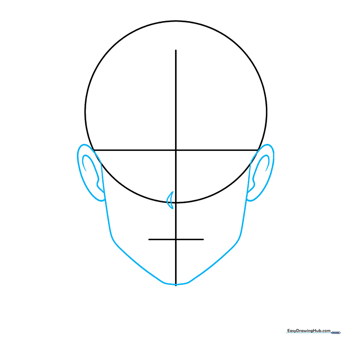 Drawing the anime boy's jawline and small nose placement using the previously drawn guidelines.