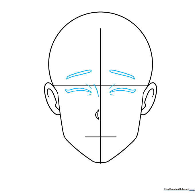 Adding closed anime eyes and expressive eyebrows to the face sketch.