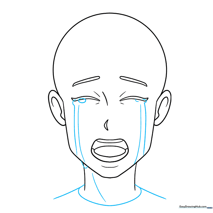 Adding flowing tear shapes and shoulder outlines to complete the crying expression.