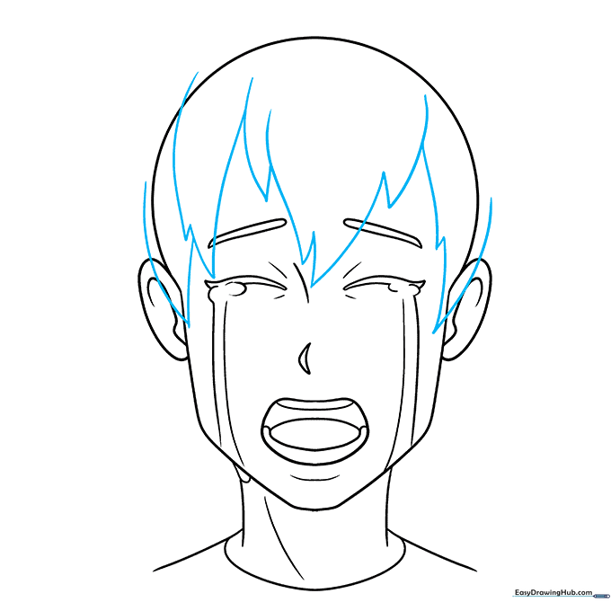 Adding stylized anime hair clumps using jagged, curved lines.