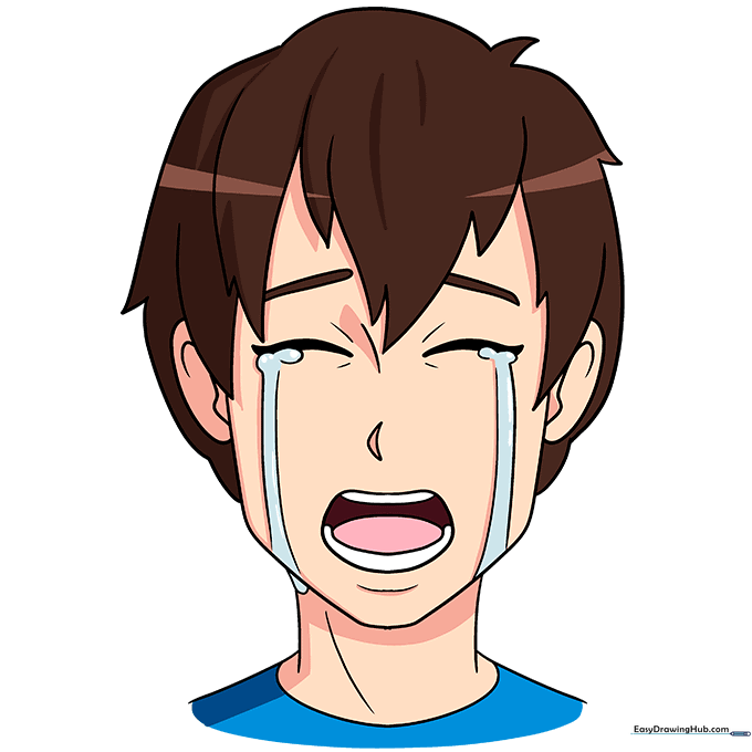 The finished, colored drawing of a crying anime boy with blue tears and shaded hair.