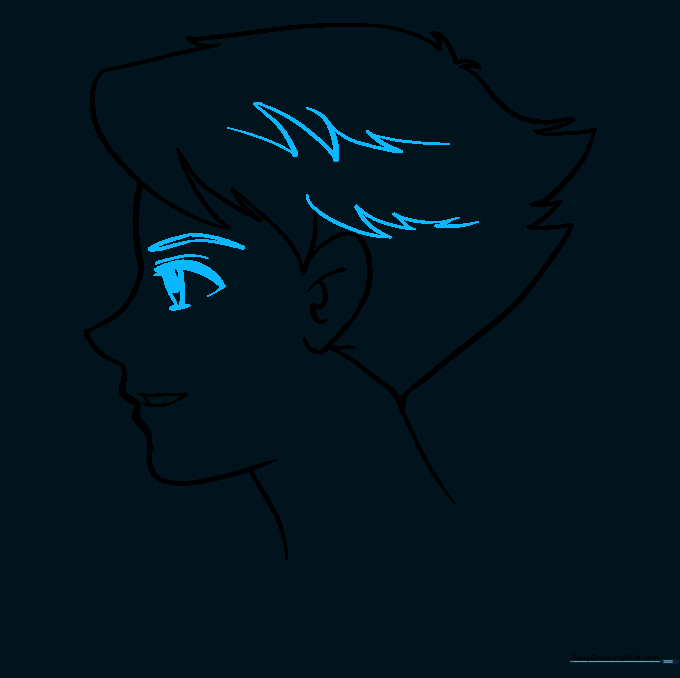 Detailed eye and eyebrow drawing on the anime character's face.