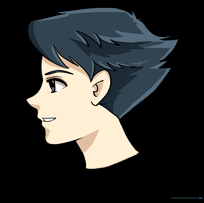 A fully colored anime boy face with vibrant hair and skin tones.