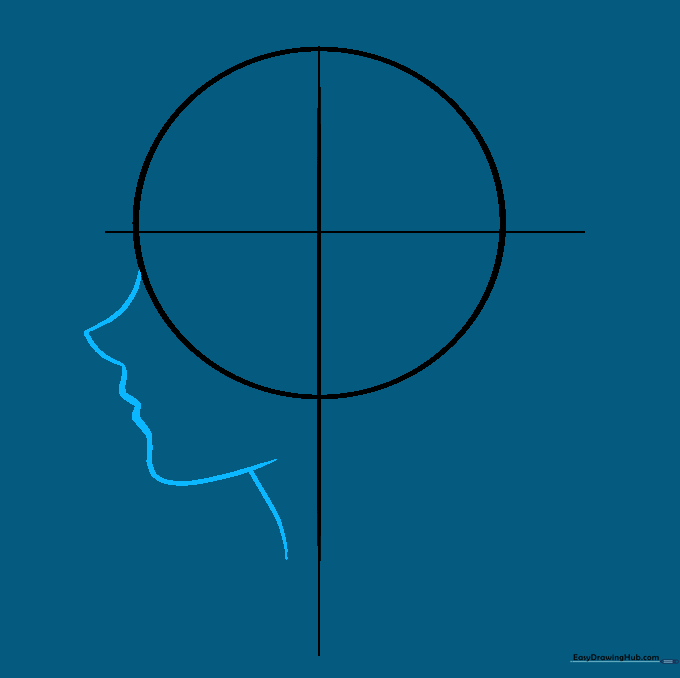 Pencil outline of an anime boy's chin, nose, and neck profile.