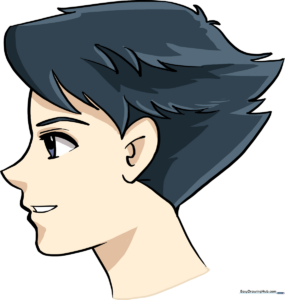 A finished, colorful drawing of an anime boy's face, showcasing the final result.