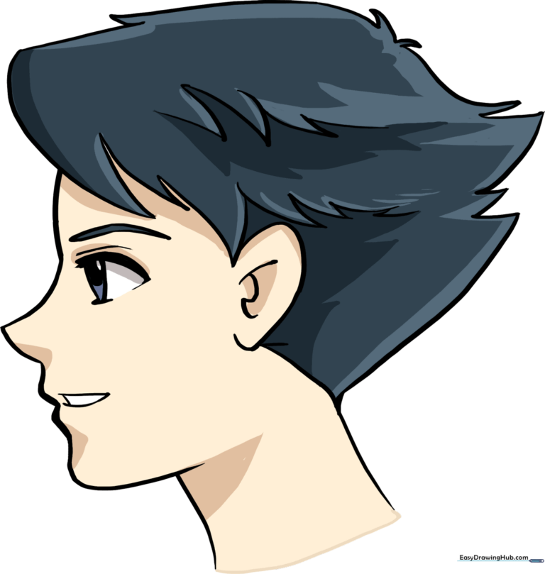 A finished, colorful drawing of an anime boy's face, showcasing the final result.
