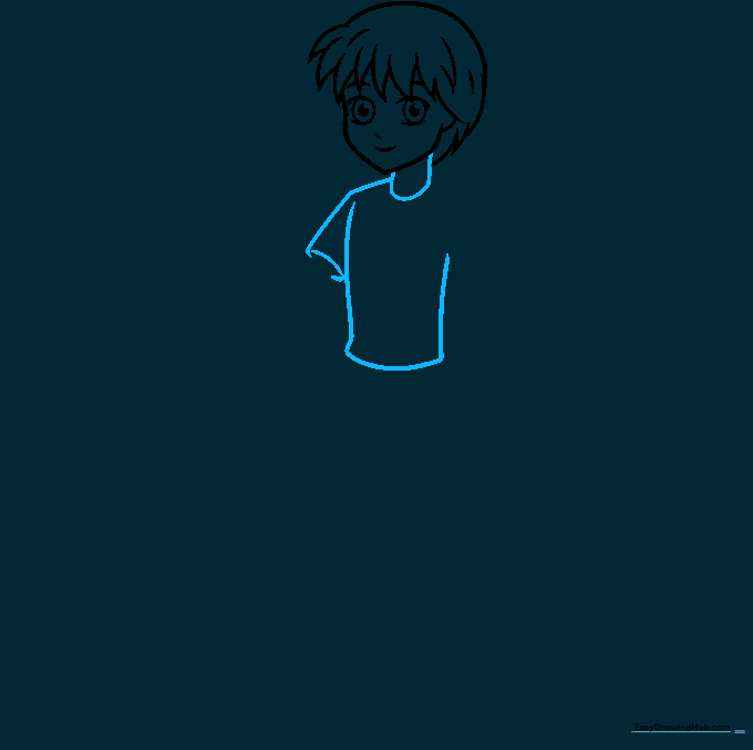 Drawing the neck, shoulders, and upper torso of the anime boy.
