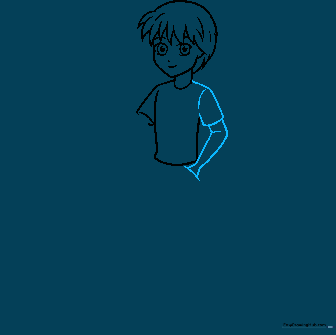 Sketching the arms and adding pocket details to the character's clothing.