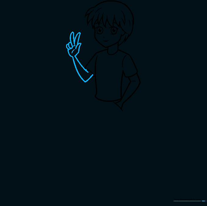 Detailing the hands in a peace sign gesture.