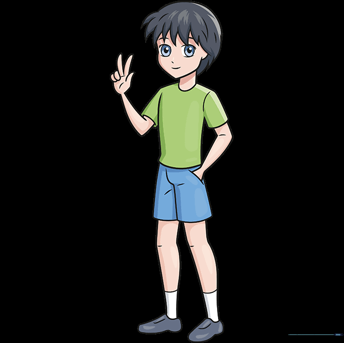 The finished, colored anime boy character standing in a full-body pose.
