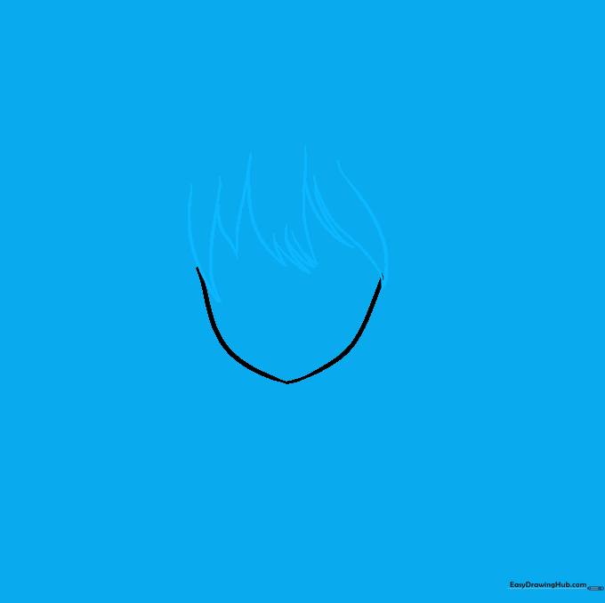 Drawing the fringe of an anime character with sharp, varied hair locks covering the forehead.