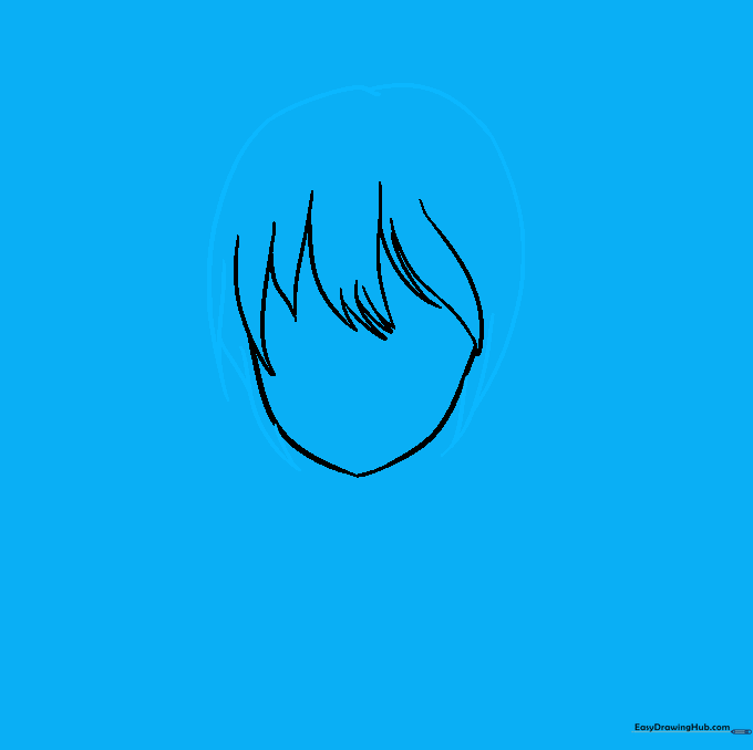 Sketching the top of the head and side sections of hair to frame the face.