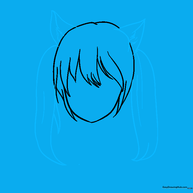 Adding cat ears with fur detail and long ponytails to the anime character sketch.