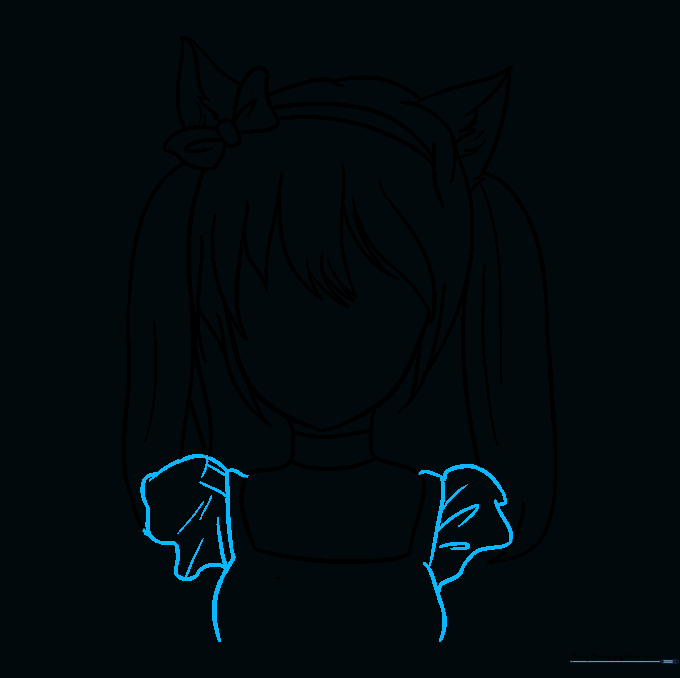 Adding clothing outlines and fabric folds to the anime character's shoulders and sleeves.