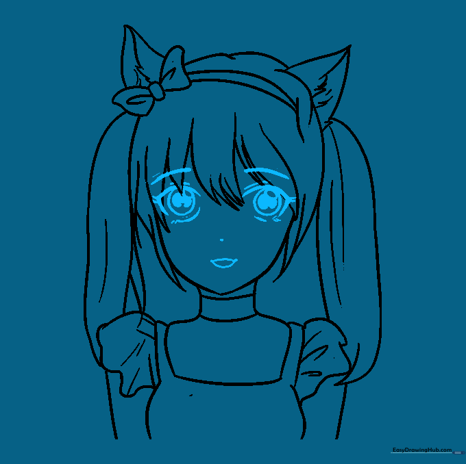 Detailed drawing of the anime girl's eyes, nose, and mouth with expressive features.