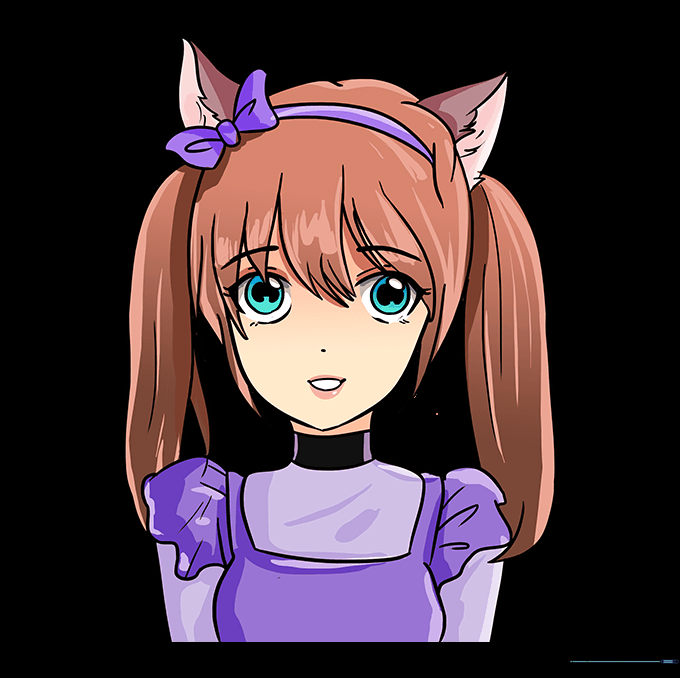 Final colored illustration of the anime cat girl with vibrant hair and clothing.