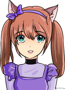 A finished, colorful anime cat girl character drawing, showcasing expressive eyes and cat ears.