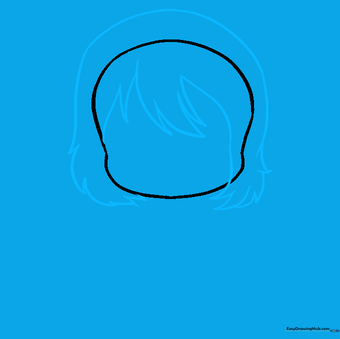 Sketching jagged anime-style hair clumps over the chibi head shape.