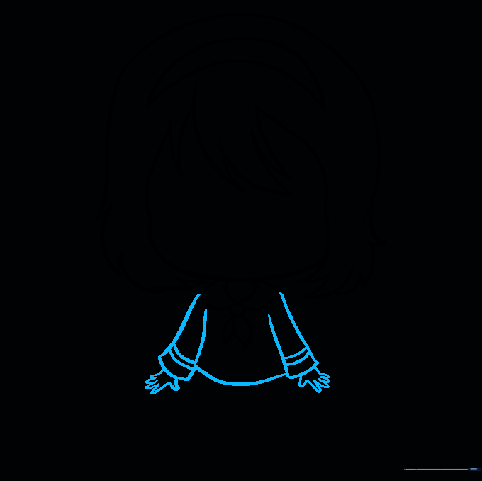 Sketching the chibi girl's shirt, sleeves, and simplified hand shapes.