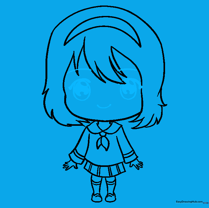 Adding expressive eyes, eyebrows, and a smiling mouth to the chibi face.