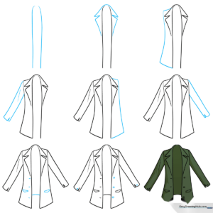 A finished, colored anime coat drawing displayed as a character design reference.