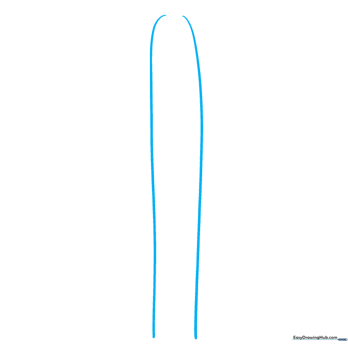 Sketching the neck and front opening of an anime coat with two vertical curved lines.