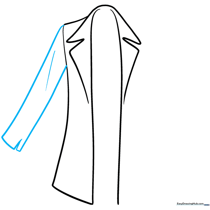 Drawing the first sleeve of the coat with a triangular cuff detail.